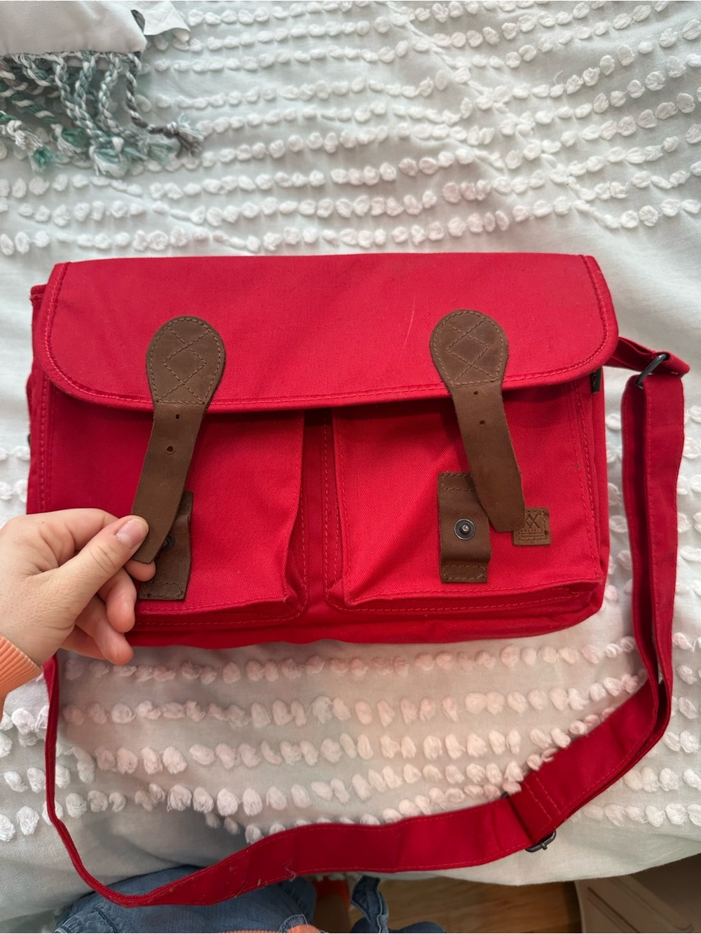 Red large camera Bag with Brown Trim -